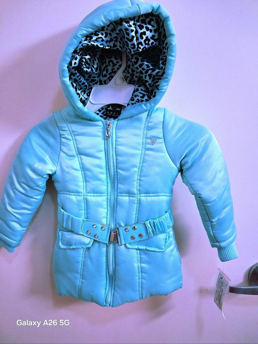 NWT Guess Los Angeles Evelyn Matte Hooded Puffer Mint Green Jacker Size 4T